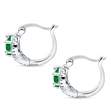 Halo Round Huggie Hoop Earrings Simulated Green Emerald 925 Sterling Silver Wholesale